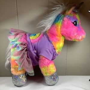 Build-A-Bear Rainbow Tie-Dye Unicorn Plush with Tutu and‎ Purple Shirt BAB